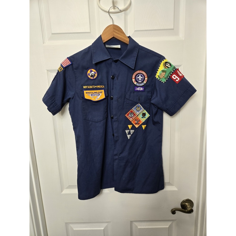 Boy Scouts of America Patches Blue Short Sleeve Uniform Shirt Patches Youth L